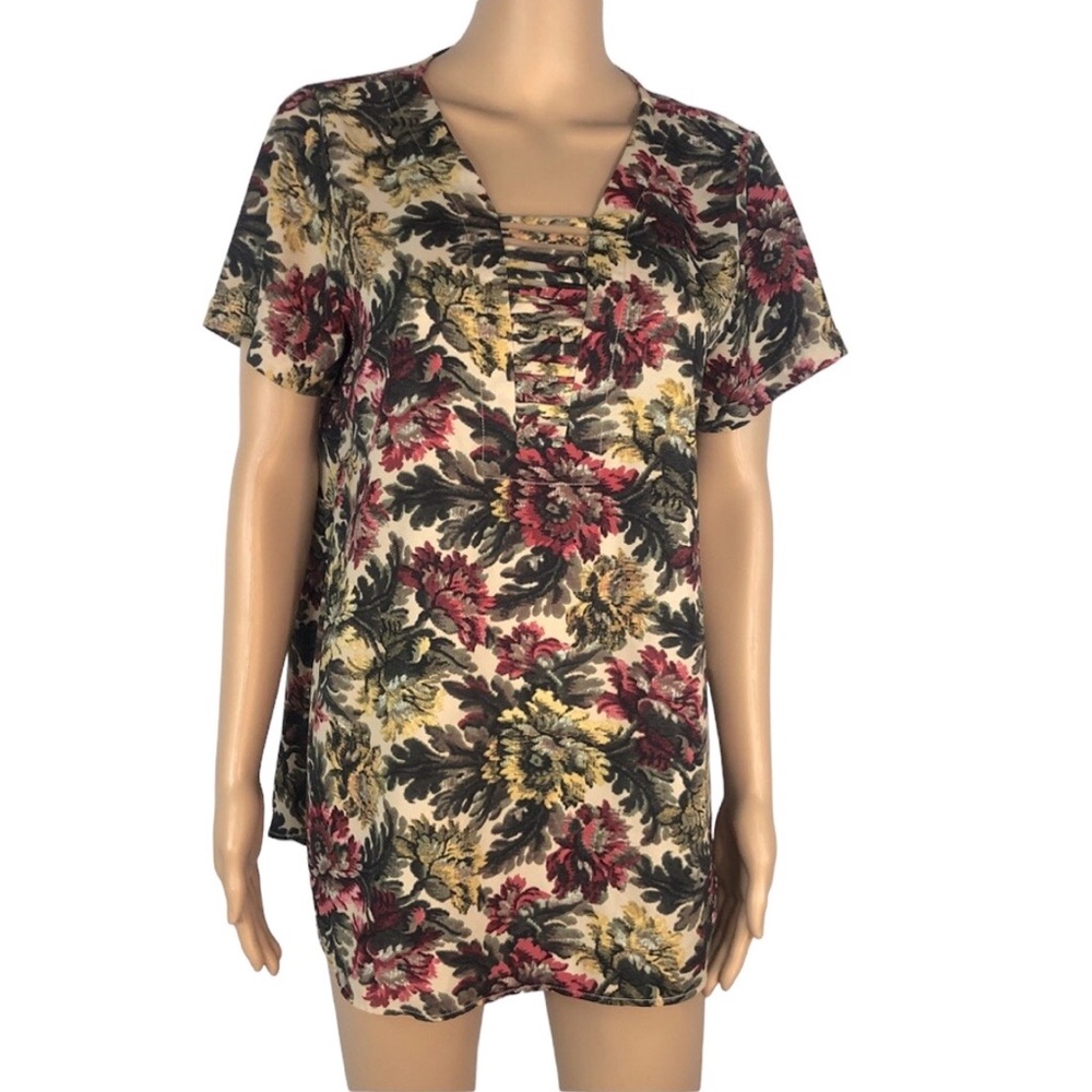 Chelsea & Theodore Floral Short Sleeved Keyhole Cutout Blouse Womens Medium